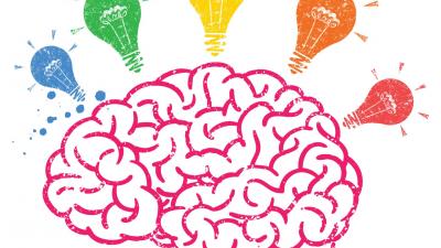 Mózg z kolorowymi żaróweczkami symbolizującymi pomysły