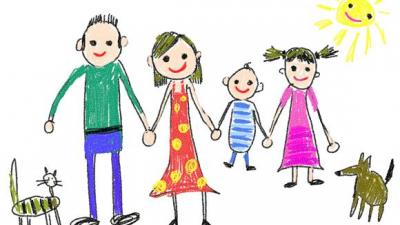 Grafika wyglądająca jak obrazek namalowany przez dziecko, przedstawiająca rodzinę