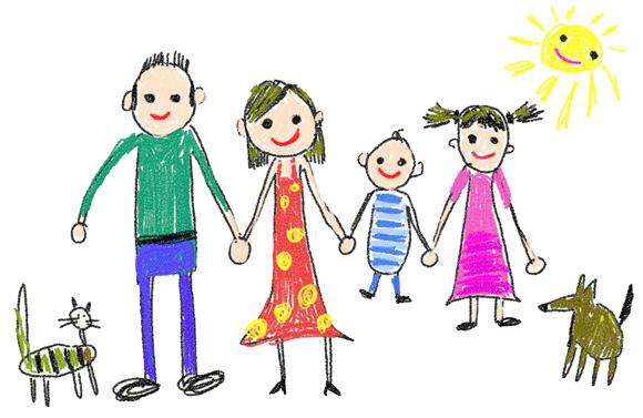 Grafika wyglądająca jak obrazek namalowany przez dziecko, przedstawiająca rodzinę